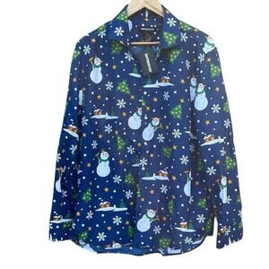 Blue Snowman & Christmas Trees long sleeve button front shirt size XL NEW